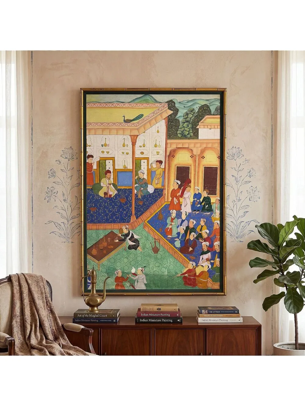 Large Hand Painted Mughal Court Scene Framed Painting Peacock Indian 32x48 inch
